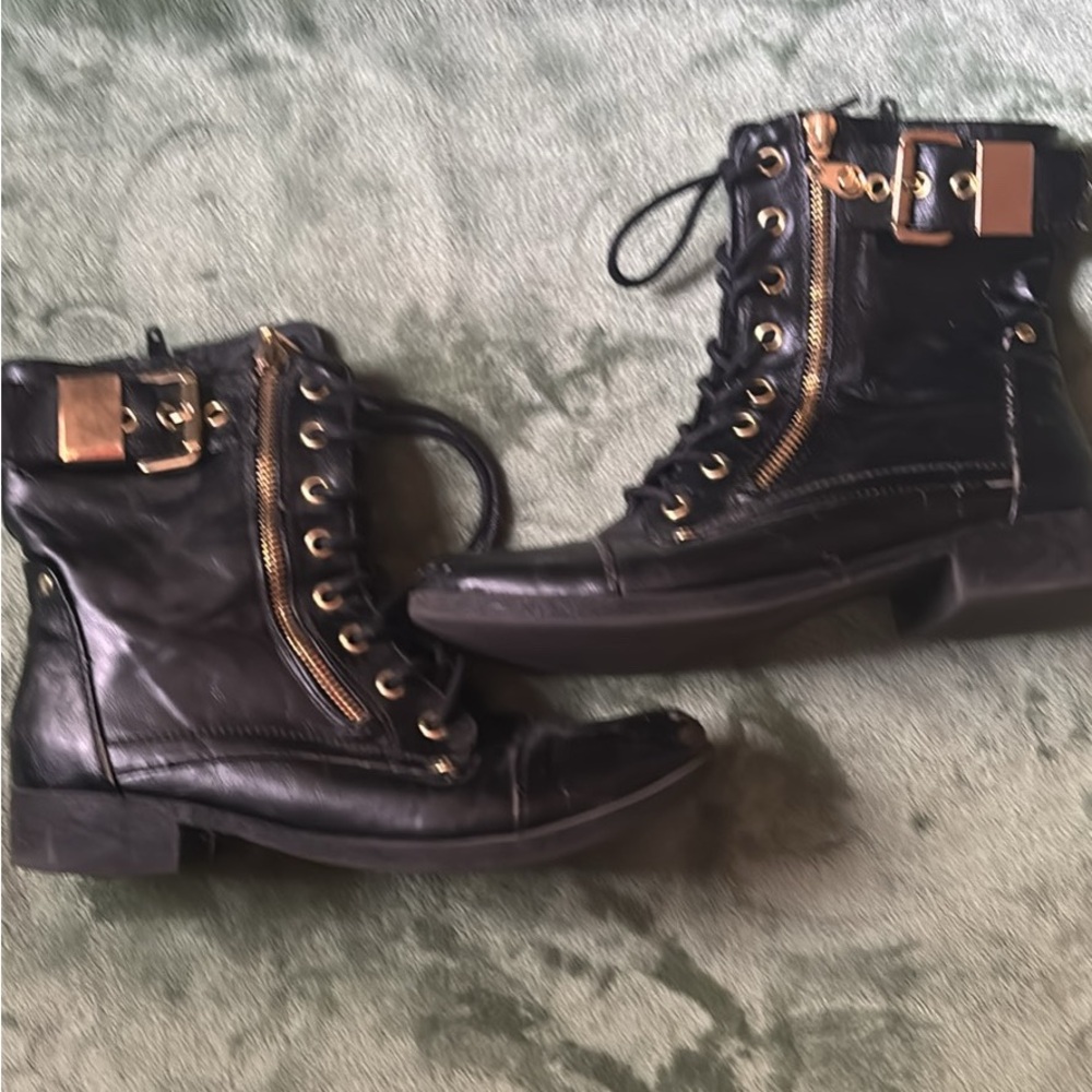 G by Guess Black Combat Boots with Gold Details